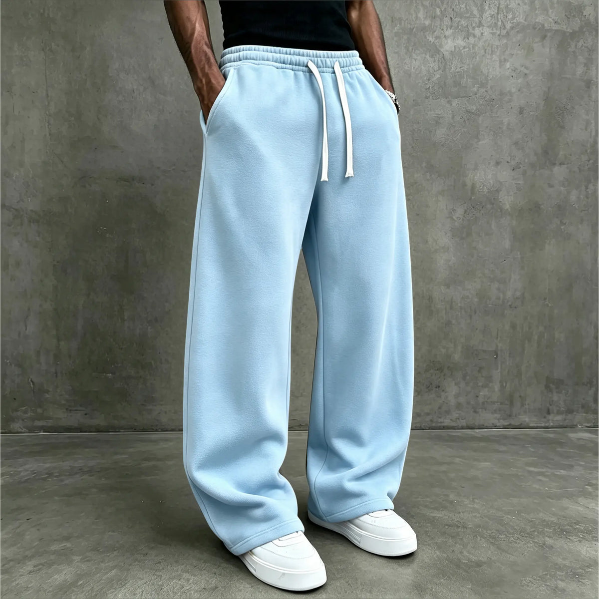 American High Street Knitted Wide Leg Sweatpants for Boys, Trendy Brand, Loose Large Straight Tube, Hanging Feeling, Sports Pants, Drawstring, Elastic Waist, Versatile