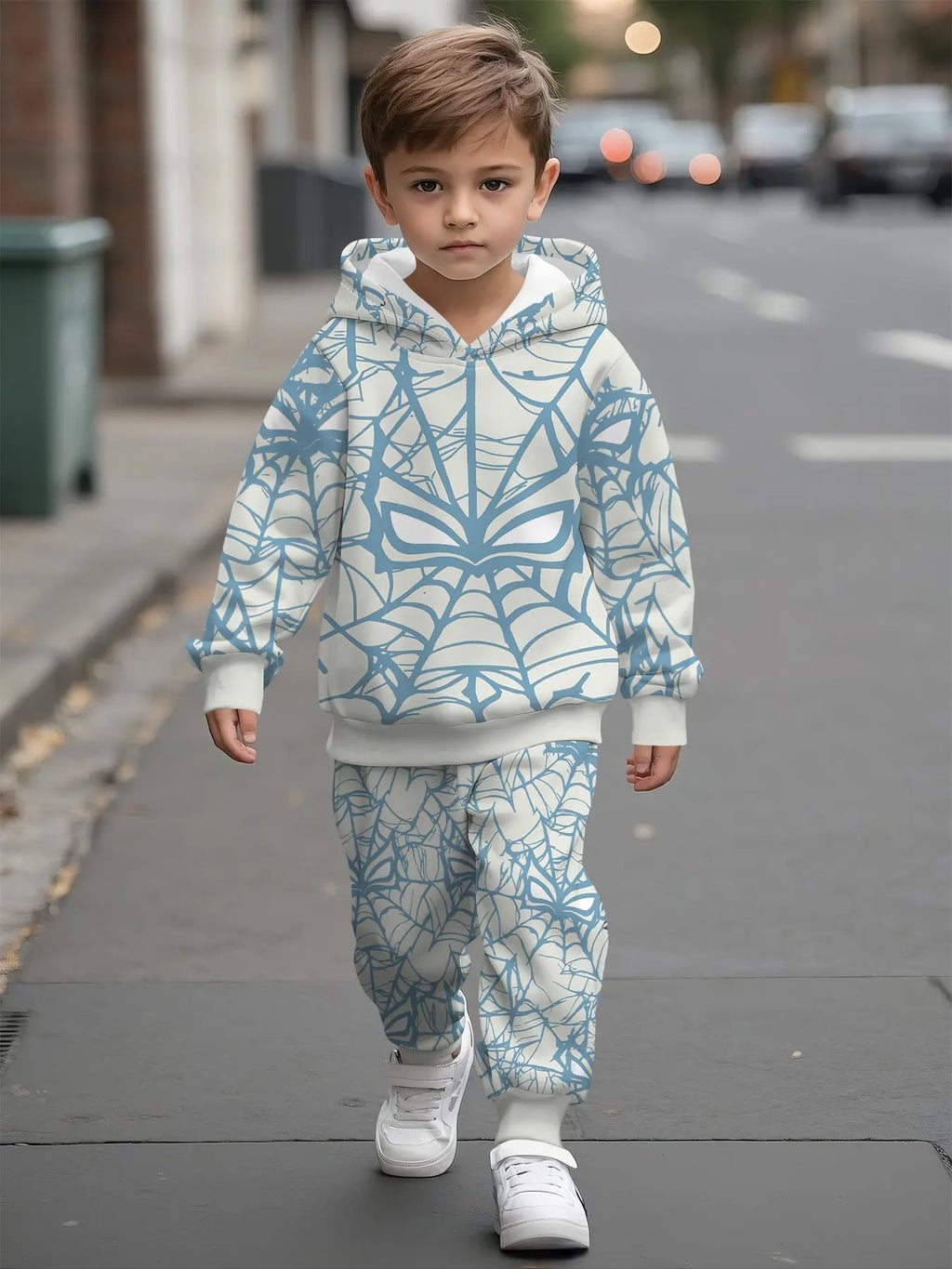 Full-Print Hooded Sweatshirt Matching Set, Spider Web Mask Digital Print, Casual Comfy Daily Outfit, Trendy Versatile Gift for Kids Boys, Graphic Print Set