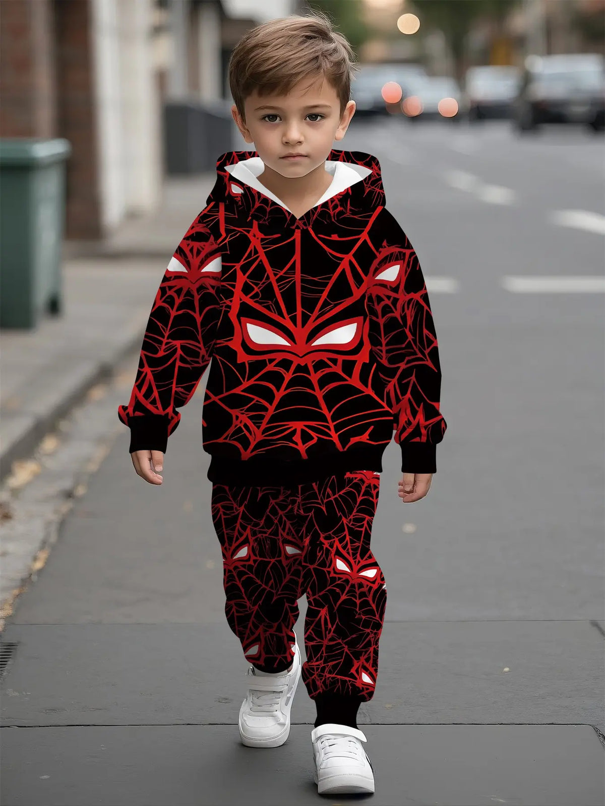 Full-Print Hooded Sweatshirt Matching Set, Spider Web Mask Digital Print, Casual Comfy Daily Outfit, Trendy Versatile Gift for Kids Boys, Graphic Print Set