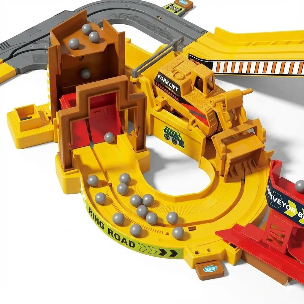 Construction Track Set for Kids, Engineering Truck Track Toy with Dump Truck, Crane, Rock Loading Station, Conveyor Ramp & Construction Site Playset for Boys Girls