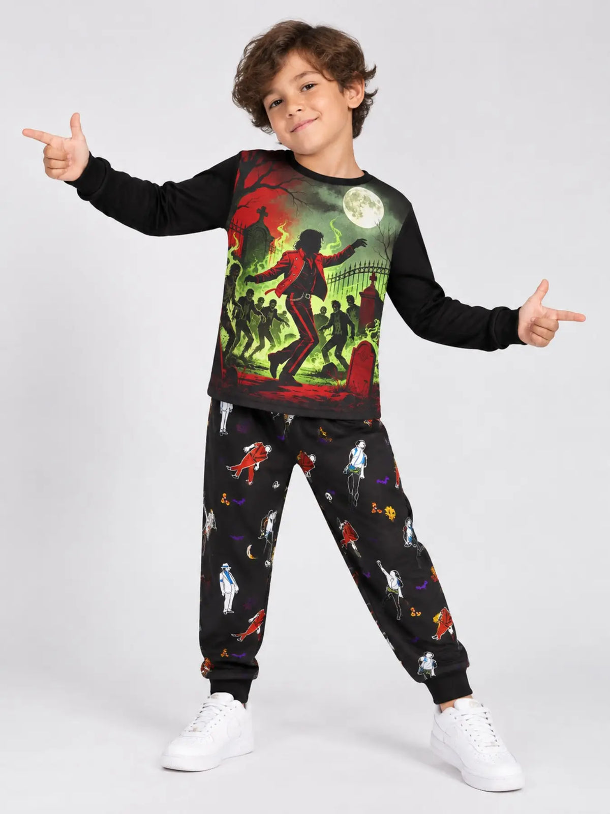Halloween Kids Print Long Sleeve Pajama Set, Ghost Print Pajamas, Soft Fabric, Fall Winter Sleepwear, Ages 5-14