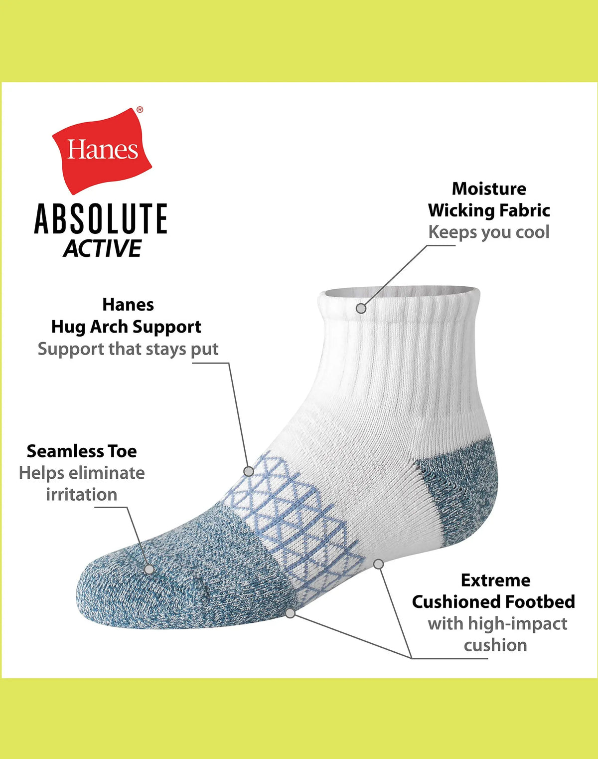 Hanes Absolute Active Boys' Ankle Socks Pack, 6-Pack, Moisture-Wicking ' Athletic