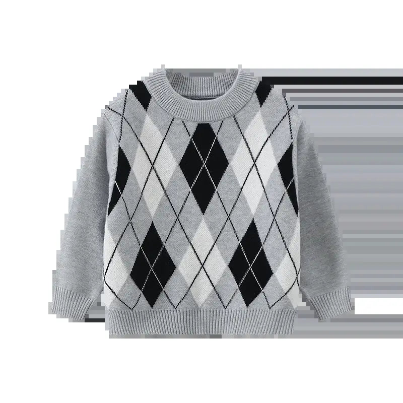 #Sohochic Boys' 3-Piece Classic Crew Neck Long-Sleeve Warm Knitted Top Set - Festive Preppy Diamond-Pattern Autumn Winter Clothing for 3-4 Years Old Kids