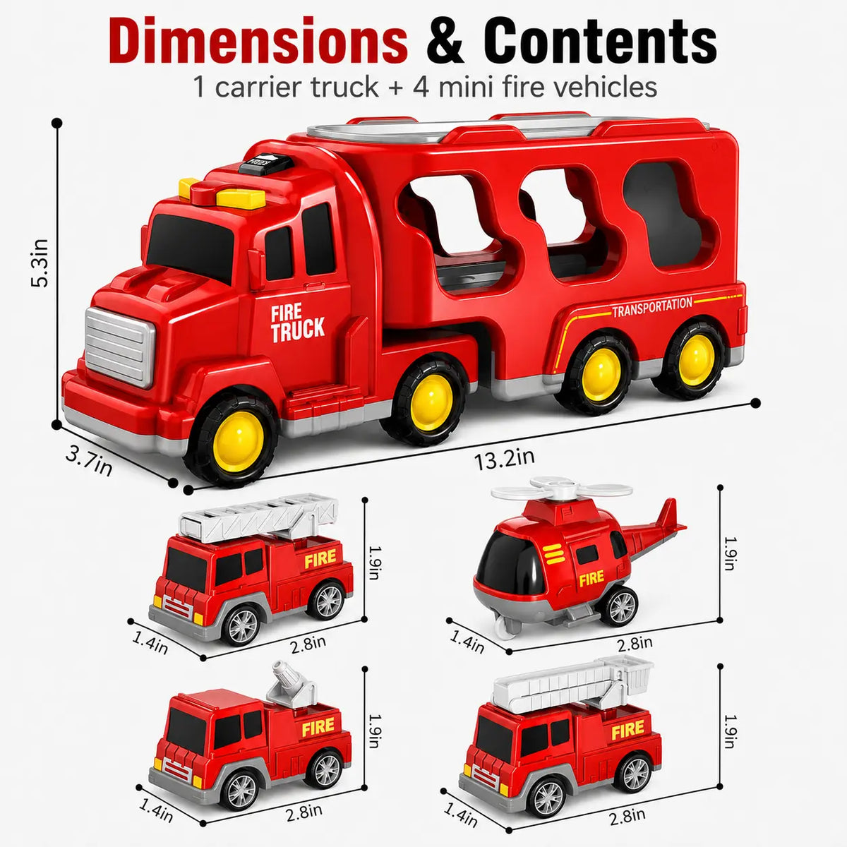 5-In-1 Fire Truck Carrier Toy Set, Large Red Transport Truck with Rear Ramp, Helicopter, Ladder Truck, Aerial Truck and Mini Fire Vehicle