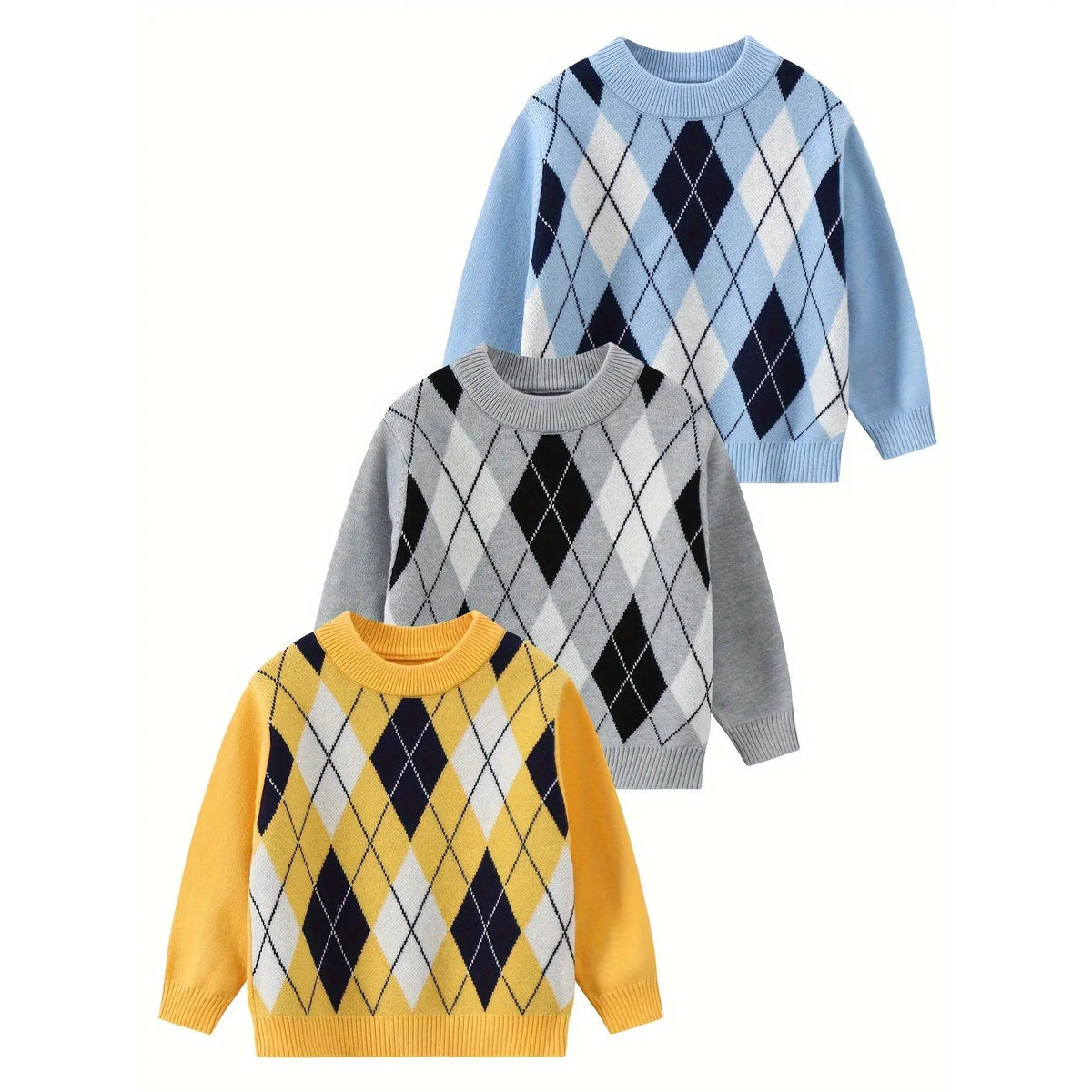 #Sohochic Boys' 3-Piece Classic Crew Neck Long-Sleeve Warm Knitted Top Set - Festive Preppy Diamond-Pattern Autumn Winter Clothing for 3-4 Years Old Kids