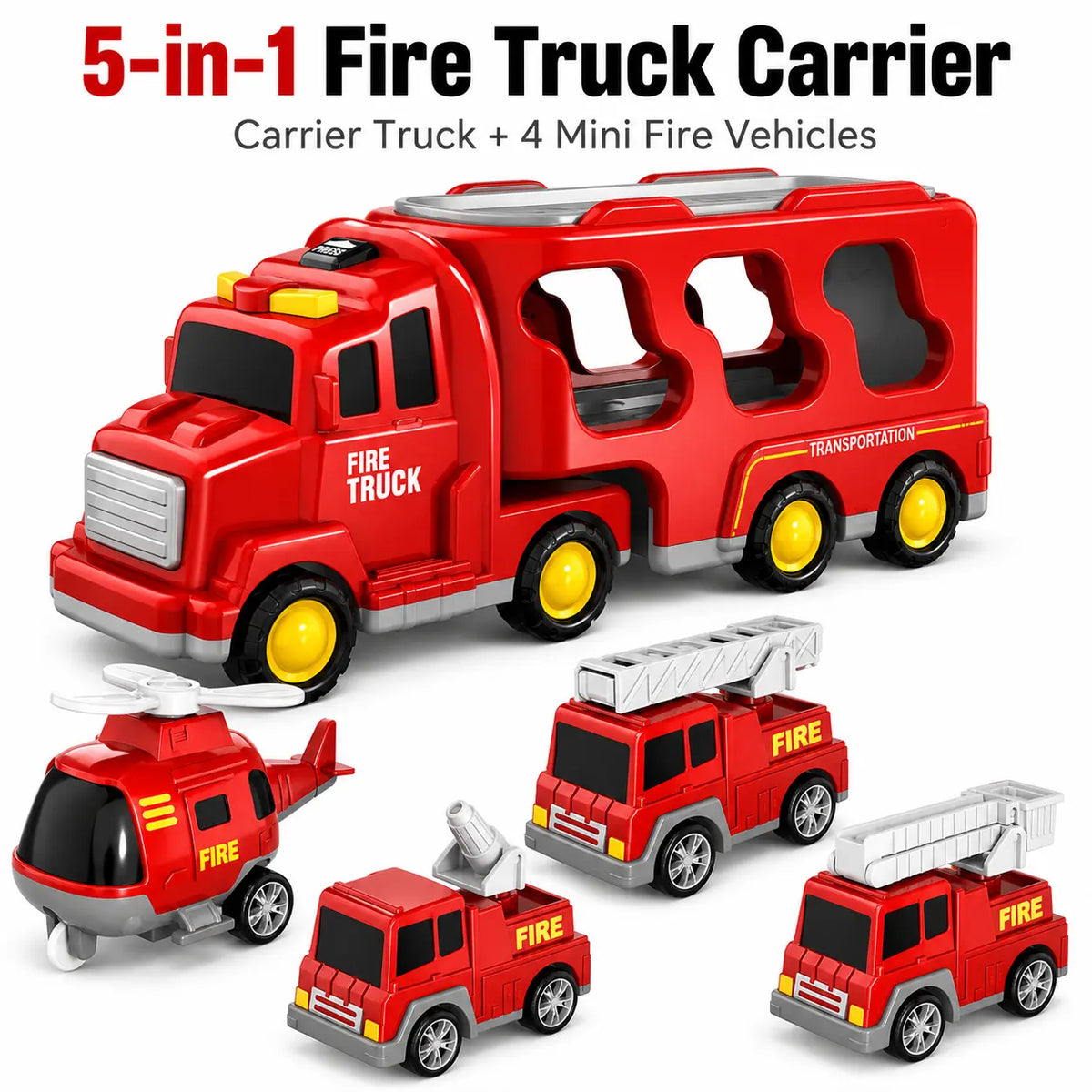 5-In-1 Fire Truck Carrier Toy Set, Large Red Transport Truck with Rear Ramp, Helicopter, Ladder Truck, Aerial Truck and Mini Fire Vehicle