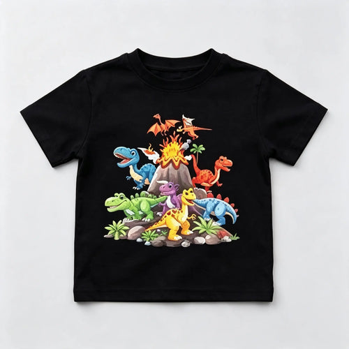 Boys Summer Cotton T-Shirt Featuring Dinosaur Cartoon and Vibrant Scene for Outdoor Casual Play