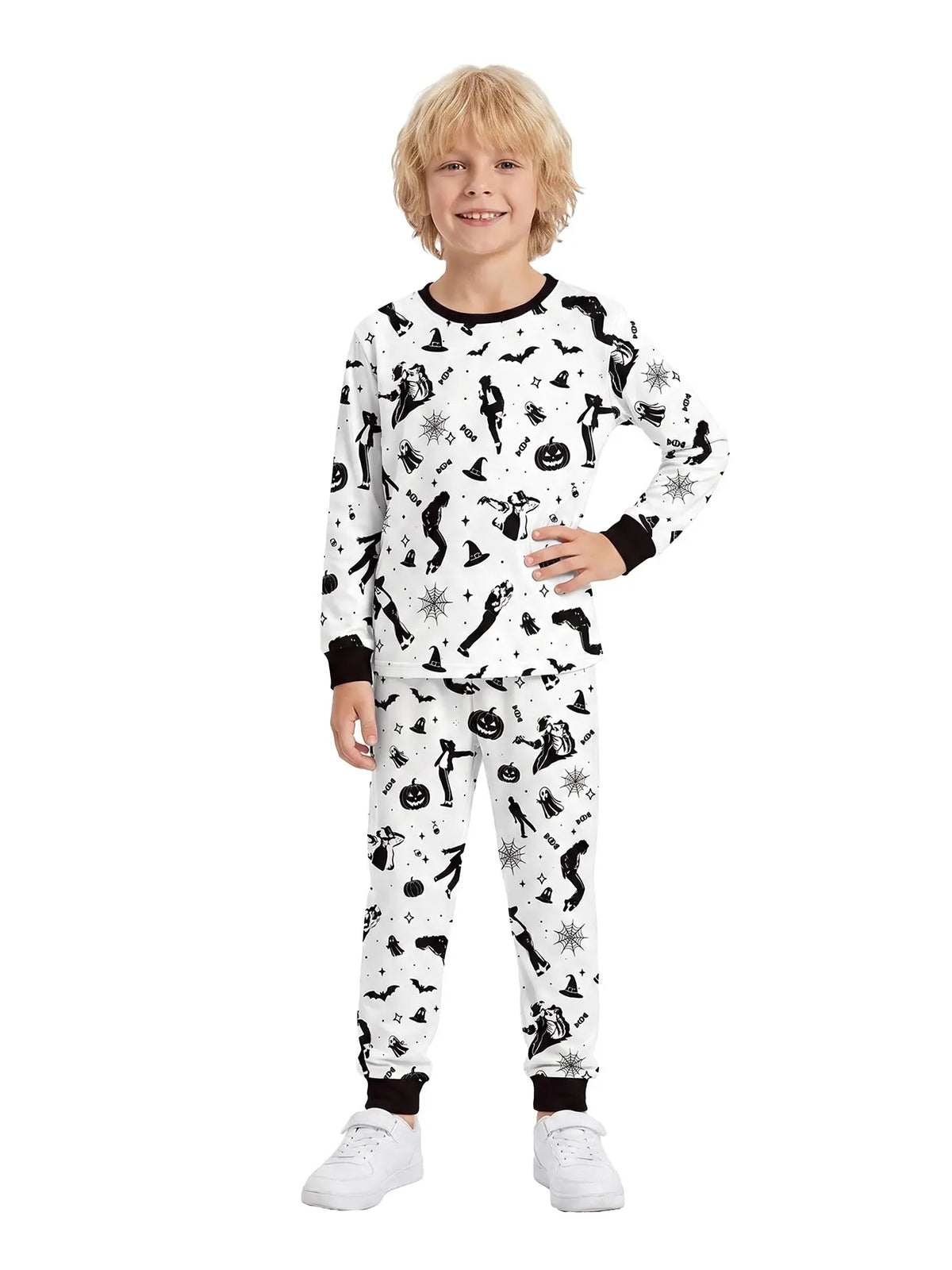 Halloween Kids Print Long Sleeve Pajama Set, Ghost Print Pajamas, Soft Fabric, Fall Winter Sleepwear, Ages 5-14
