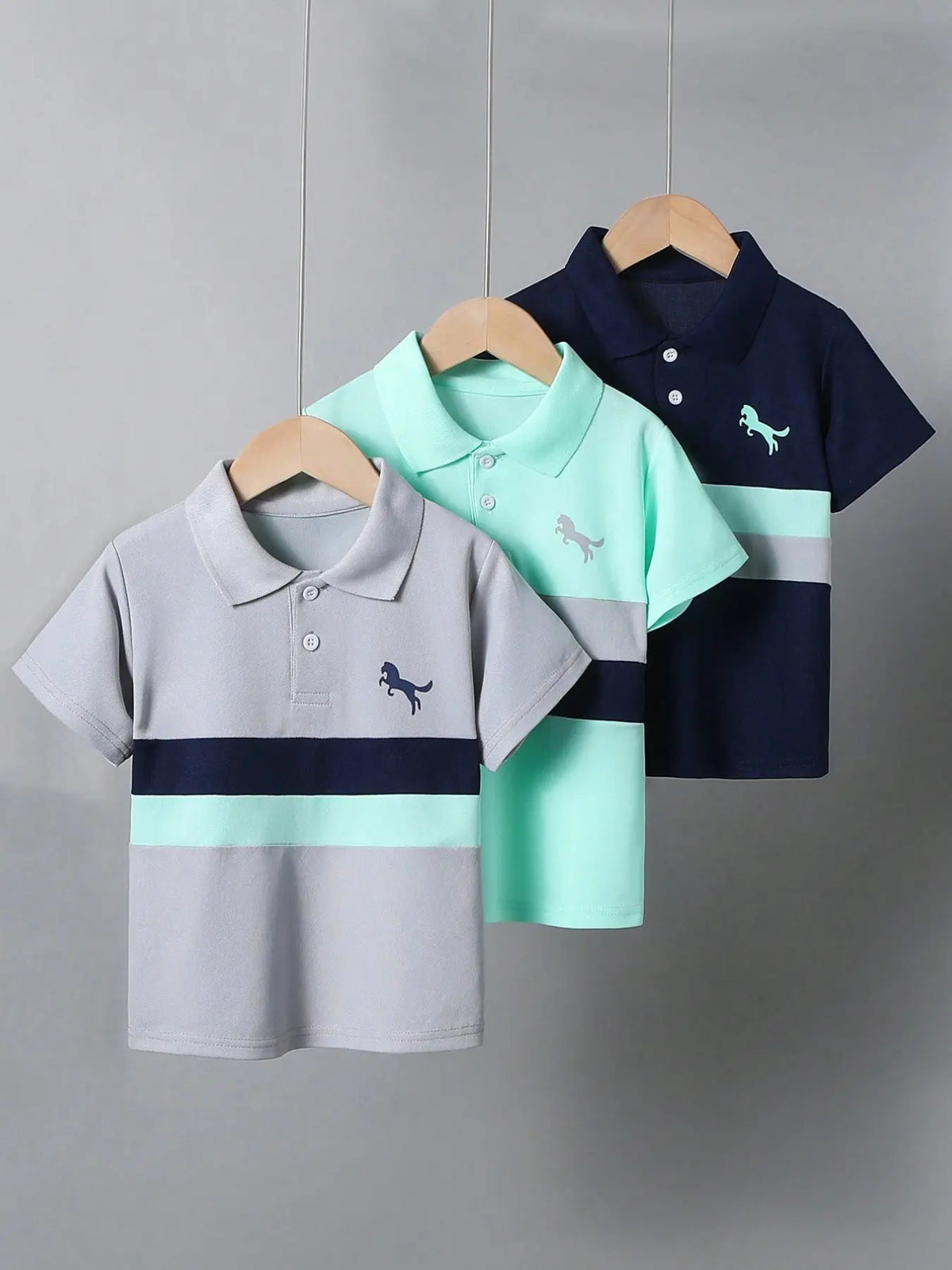 3-Piece Kids' Polo Shirt Set, Horse Print Polo, Patchwork Color Block Design, Ideal for Daily Wear & School, Cute Shirts for Summer