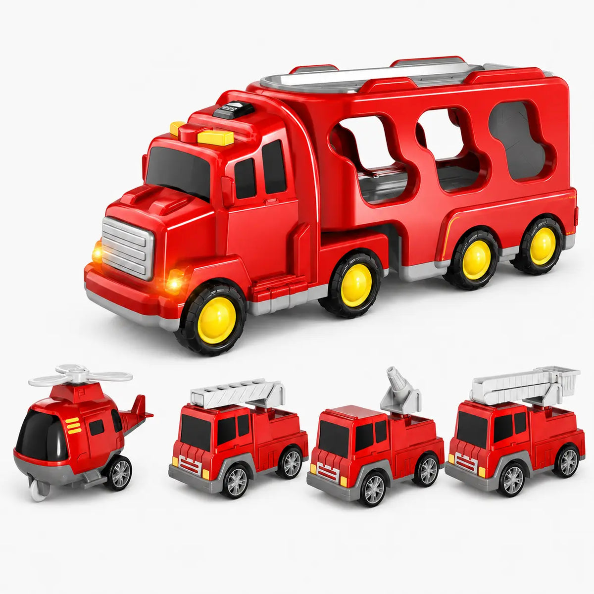 5-In-1 Fire Truck Carrier Toy Set, Large Red Transport Truck with Rear Ramp, Helicopter, Ladder Truck, Aerial Truck and Mini Fire Vehicle