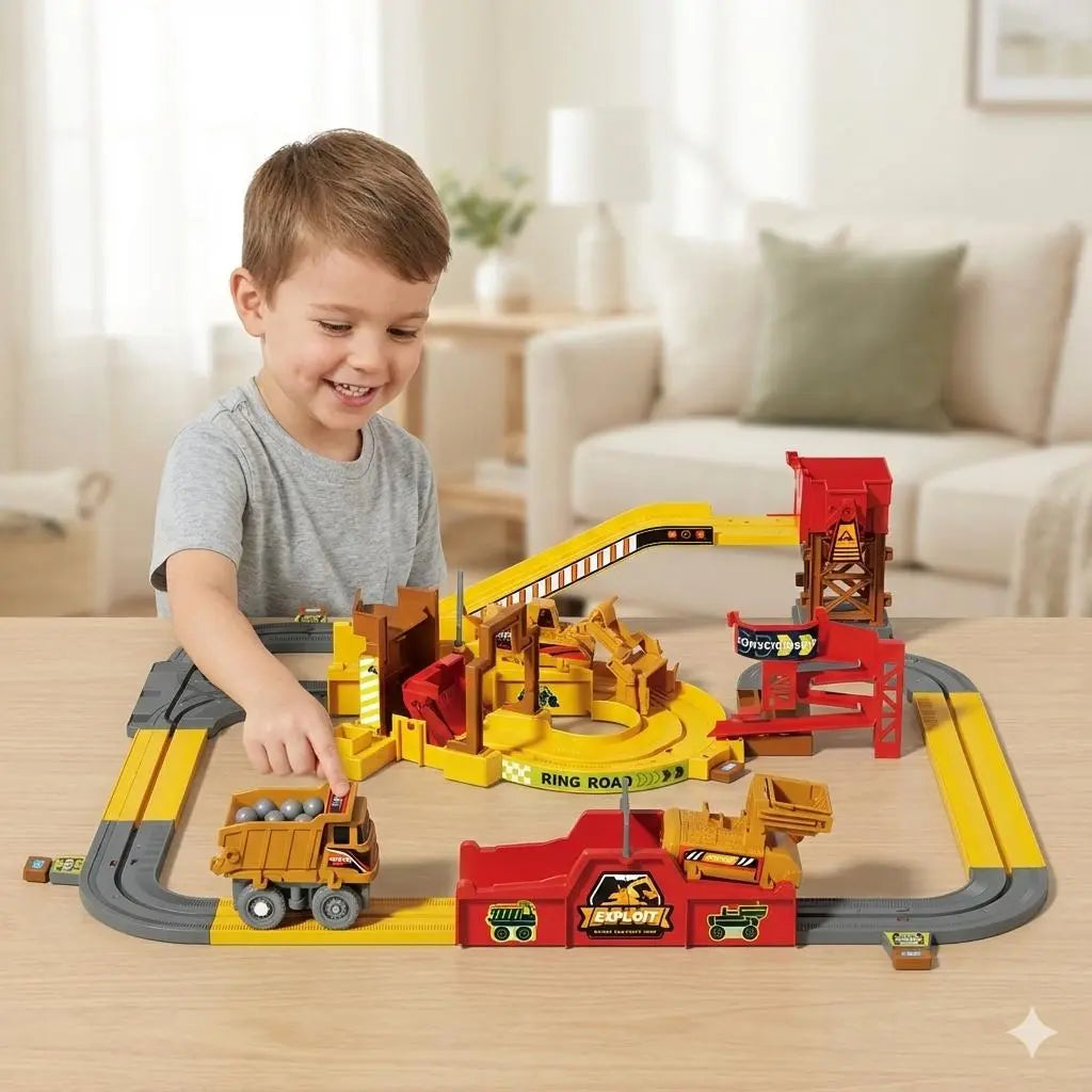 Construction Track Set for Kids, Engineering Truck Track Toy with Dump Truck, Crane, Rock Loading Station, Conveyor Ramp & Construction Site Playset for Boys Girls