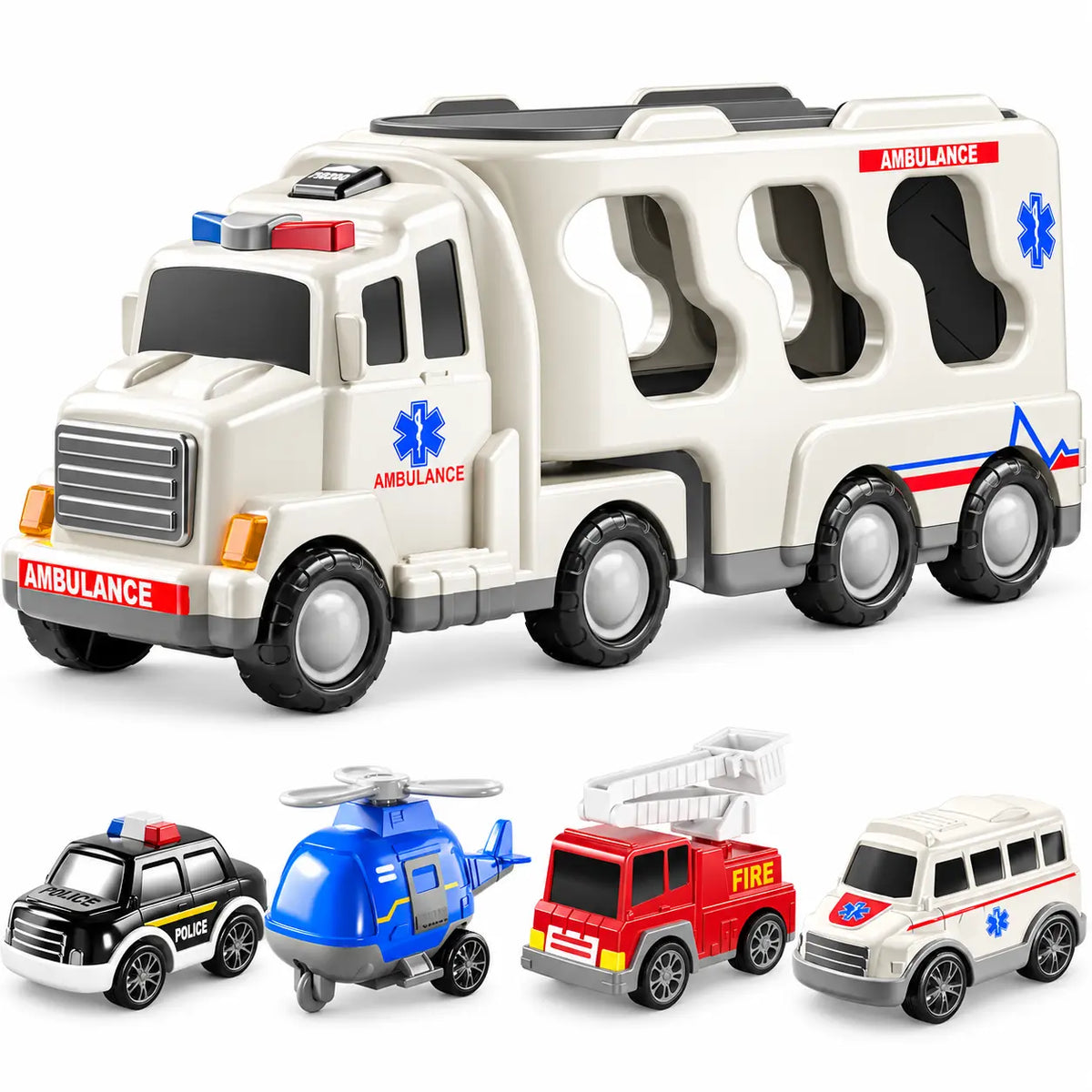 5-In-1 Fire Truck Carrier Toy Set, Large Red Transport Truck with Rear Ramp, Helicopter, Ladder Truck, Aerial Truck and Mini Fire Vehicle