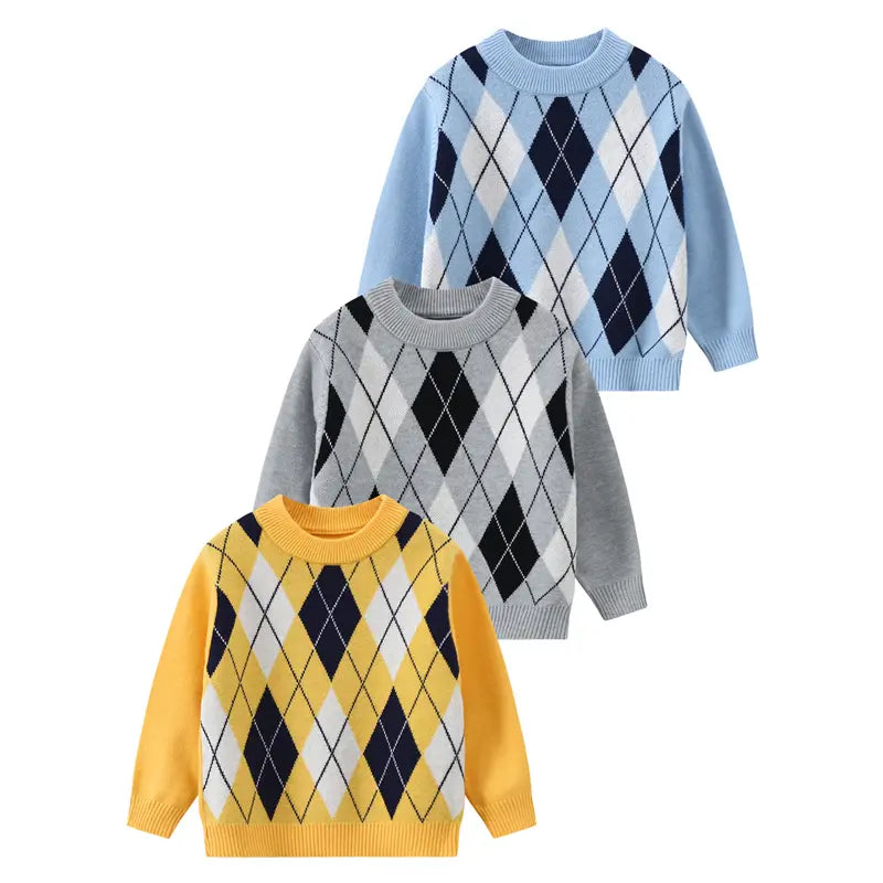#Sohochic Boys' 3-Piece Classic Crew Neck Long-Sleeve Warm Knitted Top Set - Festive Preppy Diamond-Pattern Autumn Winter Clothing for 3-4 Years Old Kids