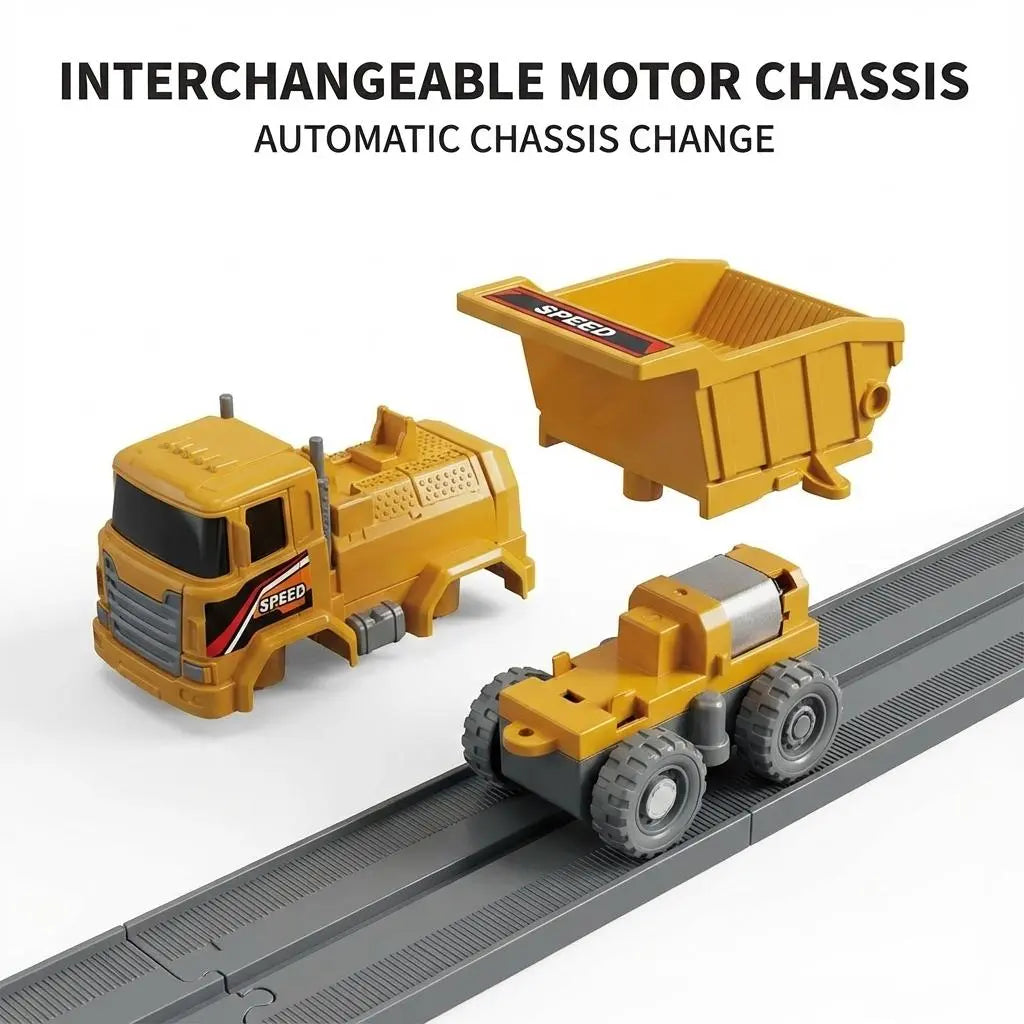 Construction Track Set for Kids, Engineering Truck Track Toy with Dump Truck, Crane, Rock Loading Station, Conveyor Ramp & Construction Site Playset for Boys Girls