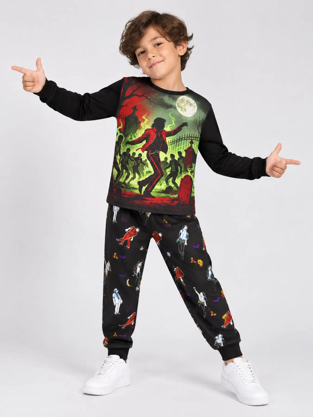 Halloween Kids Print Long Sleeve Pajama Set, Ghost Print Pajamas, Soft Fabric, Fall Winter Sleepwear, Ages 5-14