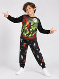 Halloween Kids Print Long Sleeve Pajama Set, Ghost Print Pajamas, Soft Fabric, Fall Winter Sleepwear, Ages 5-14