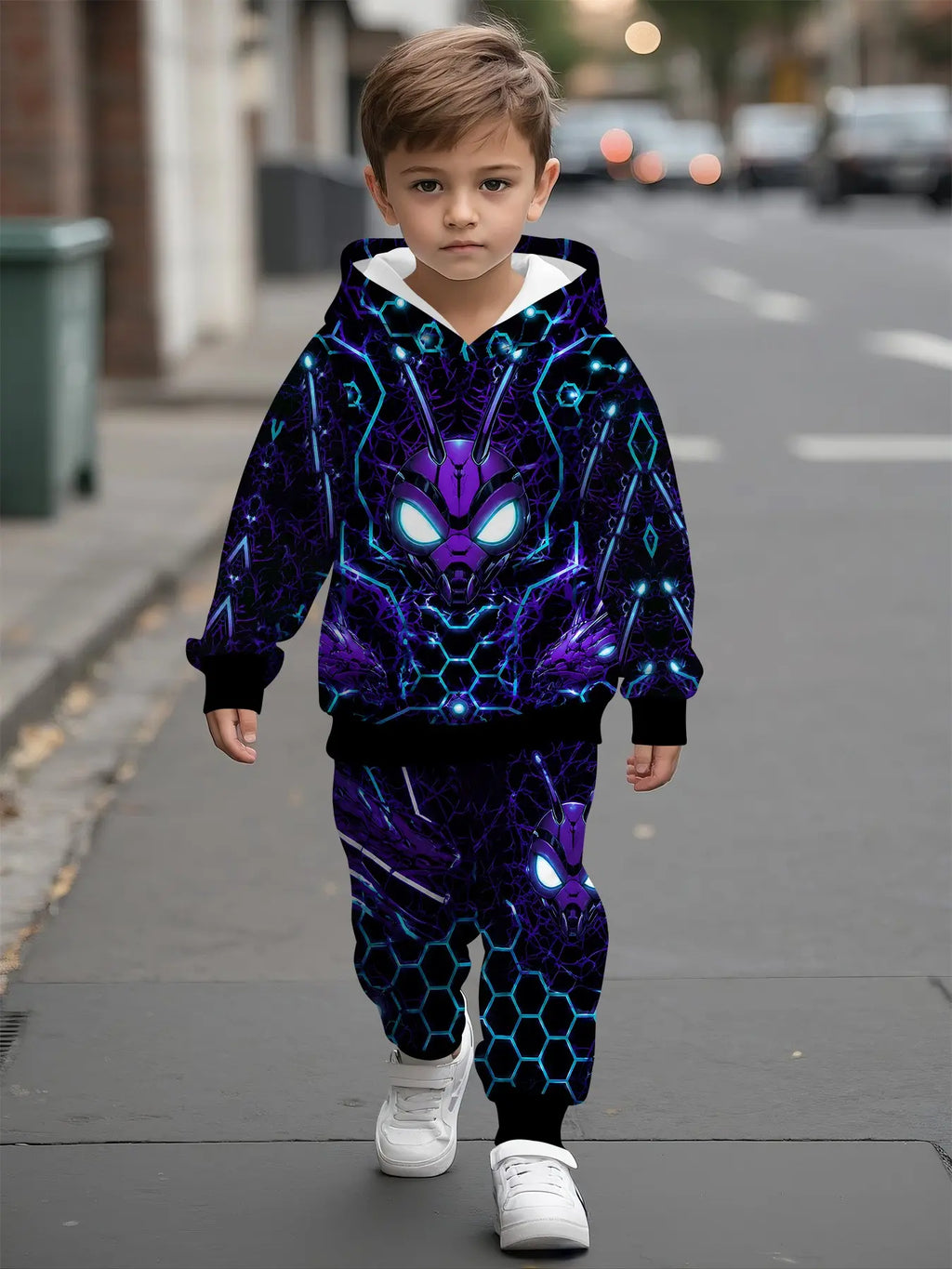 Full-Print Hooded Sweatshirt Matching Set, Spider Web Mask Digital Print, Casual Comfy Daily Outfit, Trendy Versatile Gift for Kids Boys, Graphic Print Set