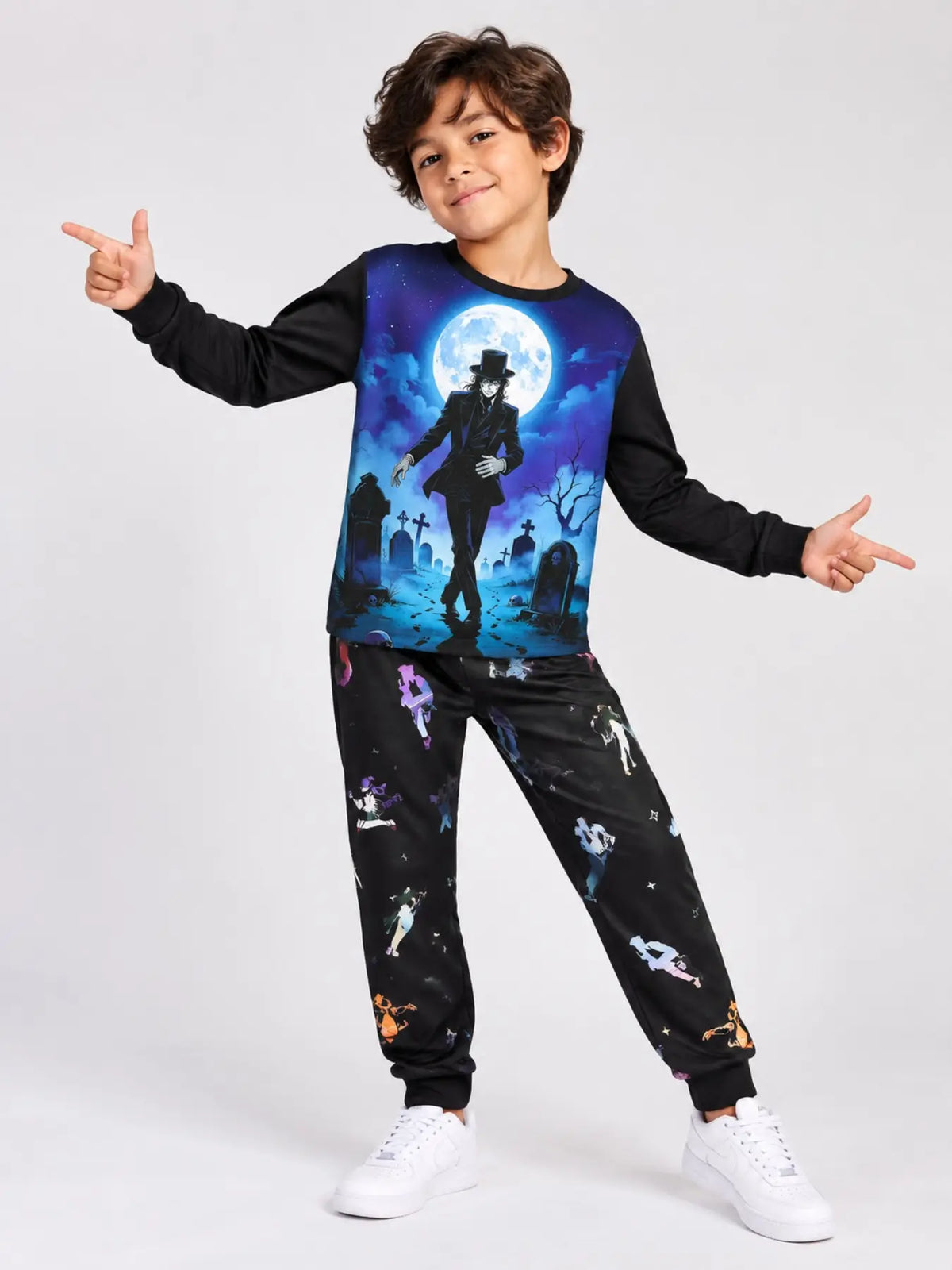 Halloween Kids Print Long Sleeve Pajama Set, Ghost Print Pajamas, Soft Fabric, Fall Winter Sleepwear, Ages 5-14