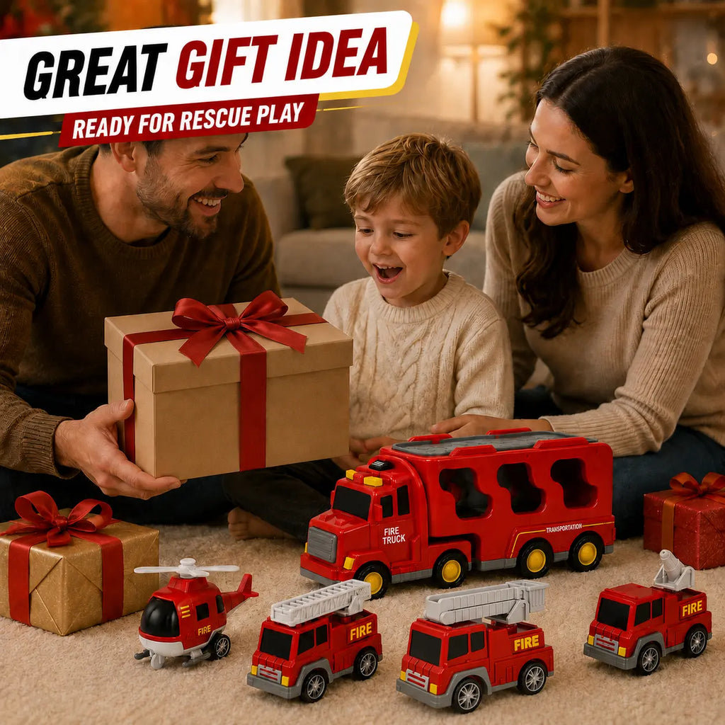 5-In-1 Fire Truck Carrier Toy Set, Large Red Transport Truck with Rear Ramp, Helicopter, Ladder Truck, Aerial Truck and Mini Fire Vehicle
