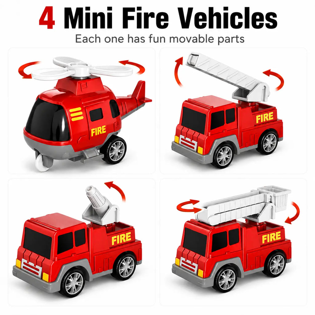 5-In-1 Fire Truck Carrier Toy Set, Large Red Transport Truck with Rear Ramp, Helicopter, Ladder Truck, Aerial Truck and Mini Fire Vehicle