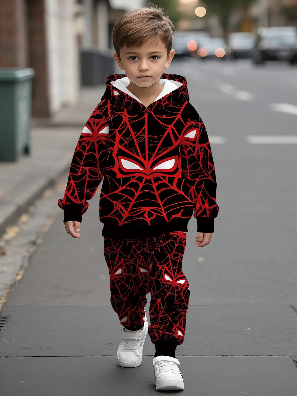 Full-Print Hooded Sweatshirt Matching Set, Spider Web Mask Digital Print, Casual Comfy Daily Outfit, Trendy Versatile Gift for Kids Boys, Graphic Print Set