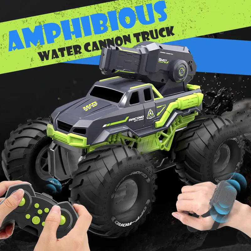Unisex RC 4WD Amphibious Water Cannon Truck for Hobbyists, Remote Control Beach Toy, Built-In Batteries, 10M Range, Dual Control, Massive Off-Road Tires, Durable Design, Powerful Water Cannon, Rc Cars