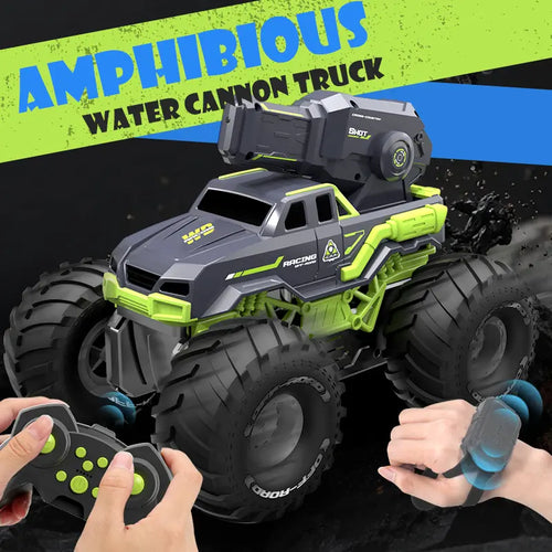 Unisex RC 4WD Amphibious Water Cannon Truck for Hobbyists, Remote Control Beach Toy, Built-In Batteries, 10M Range, Dual Control, Massive Off-Road Tires, Durable Design, Powerful Water Cannon, Rc Cars