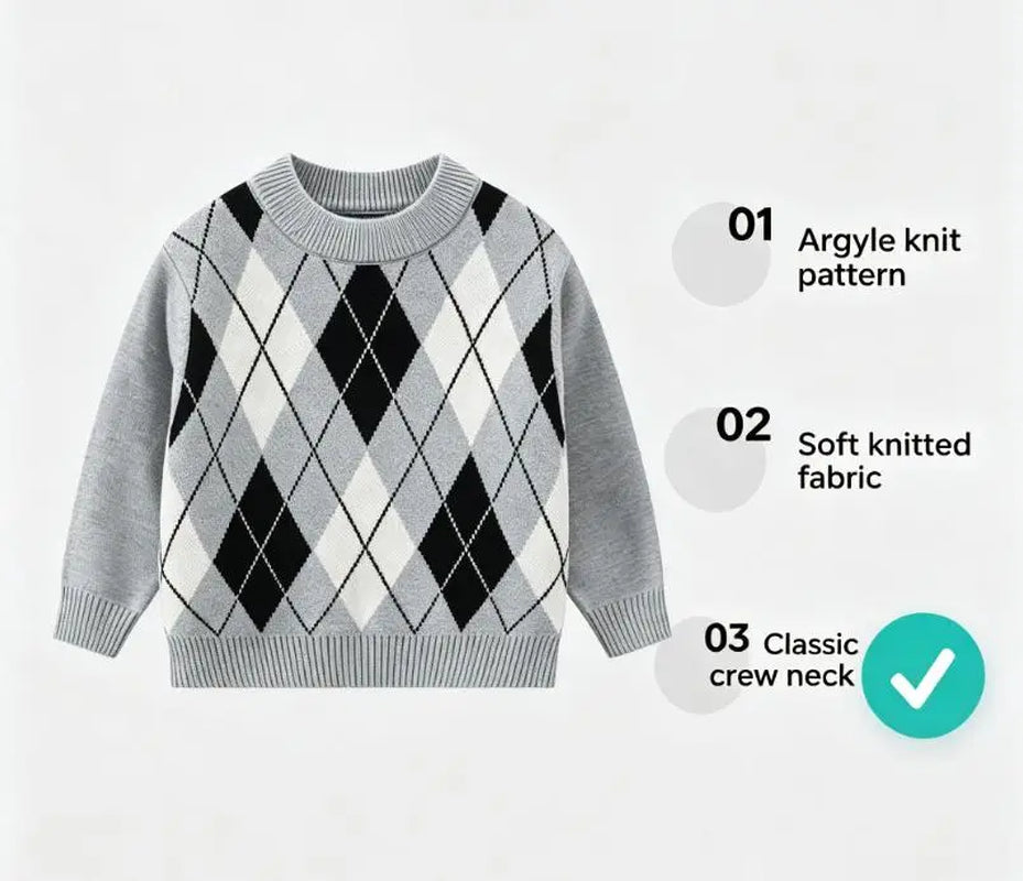 #Sohochic Boys' 3-Piece Classic Crew Neck Long-Sleeve Warm Knitted Top Set - Festive Preppy Diamond-Pattern Autumn Winter Clothing for 3-4 Years Old Kids