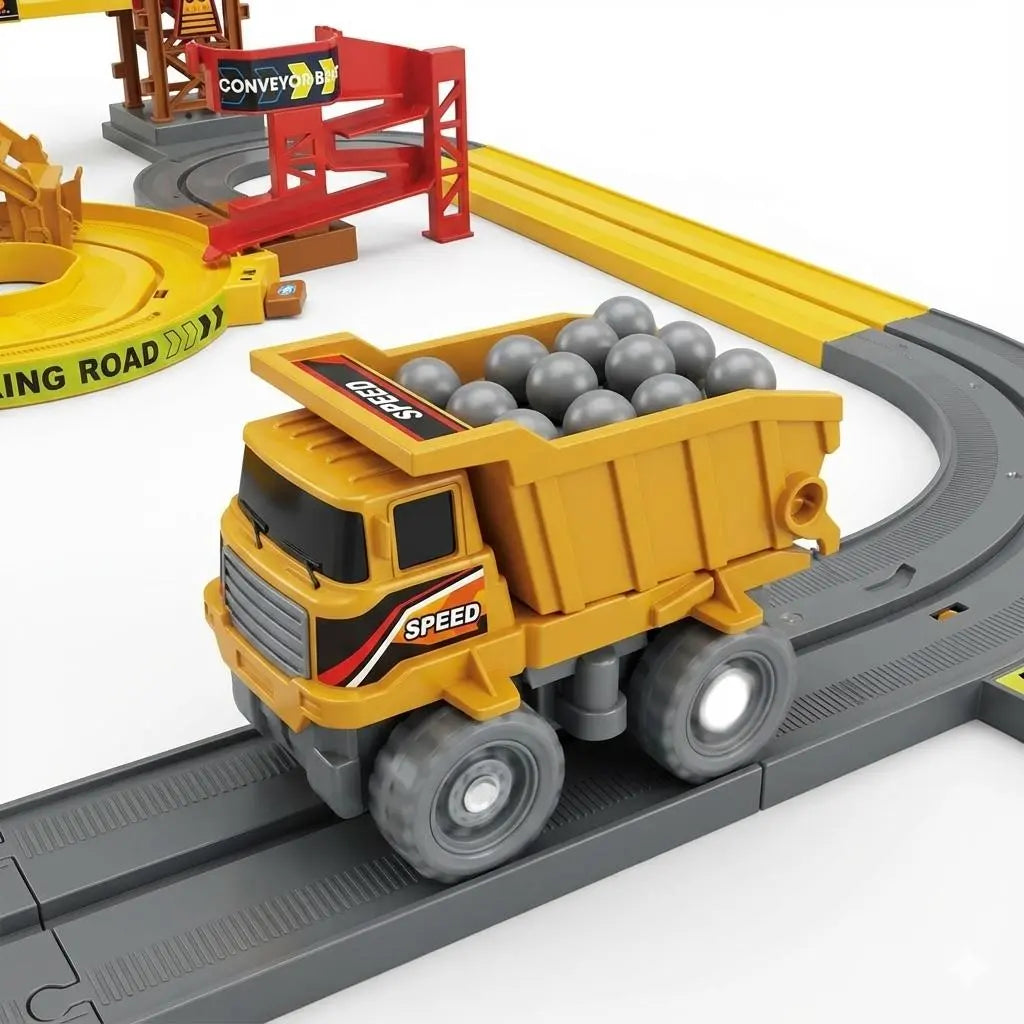 Construction Track Set for Kids, Engineering Truck Track Toy with Dump Truck, Crane, Rock Loading Station, Conveyor Ramp & Construction Site Playset for Boys Girls