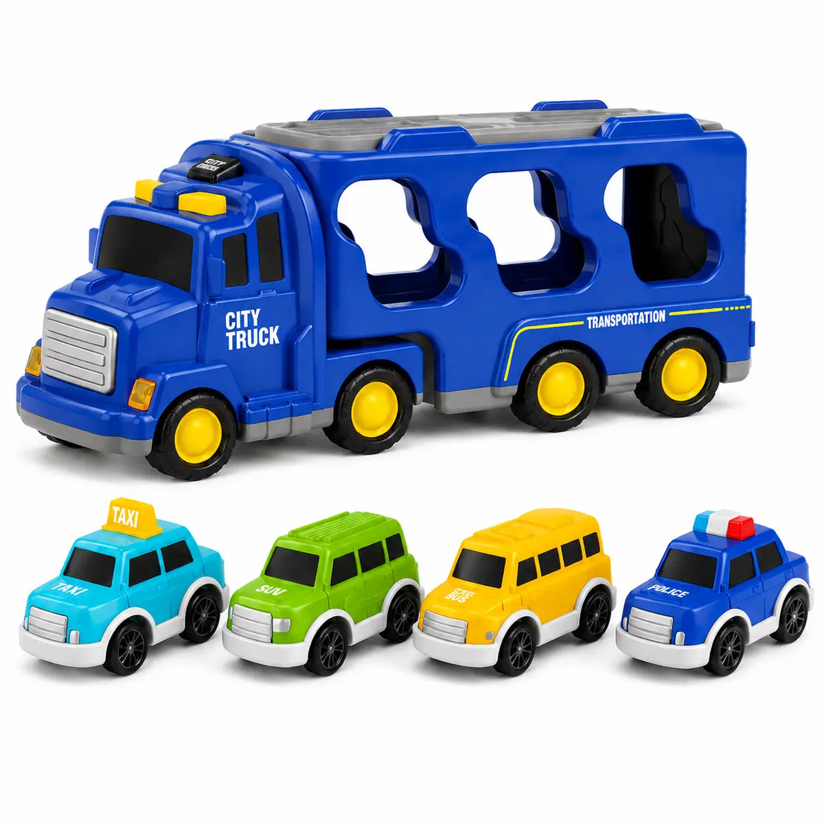 5-In-1 Fire Truck Carrier Toy Set, Large Red Transport Truck with Rear Ramp, Helicopter, Ladder Truck, Aerial Truck and Mini Fire Vehicle
