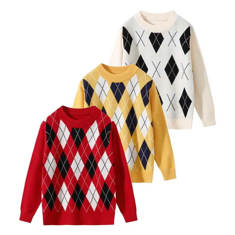 #Sohochic Boys' 3-Piece Classic Crew Neck Long-Sleeve Warm Knitted Top Set - Festive Preppy Diamond-Pattern Autumn Winter Clothing for 3-4 Years Old Kids