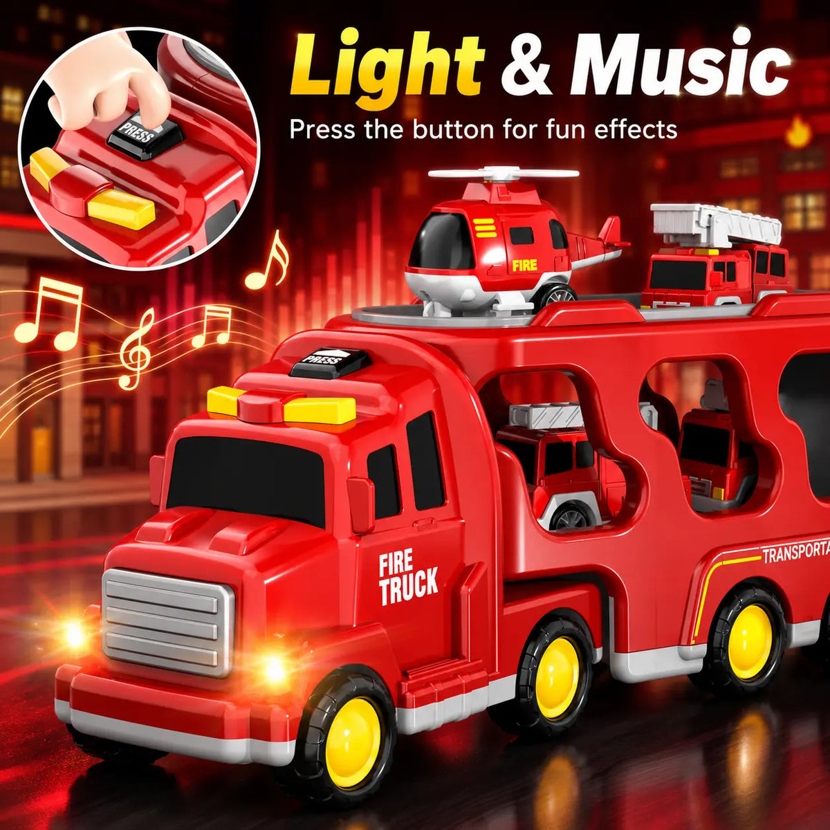 5-In-1 Fire Truck Carrier Toy Set, Large Red Transport Truck with Rear Ramp, Helicopter, Ladder Truck, Aerial Truck and Mini Fire Vehicle