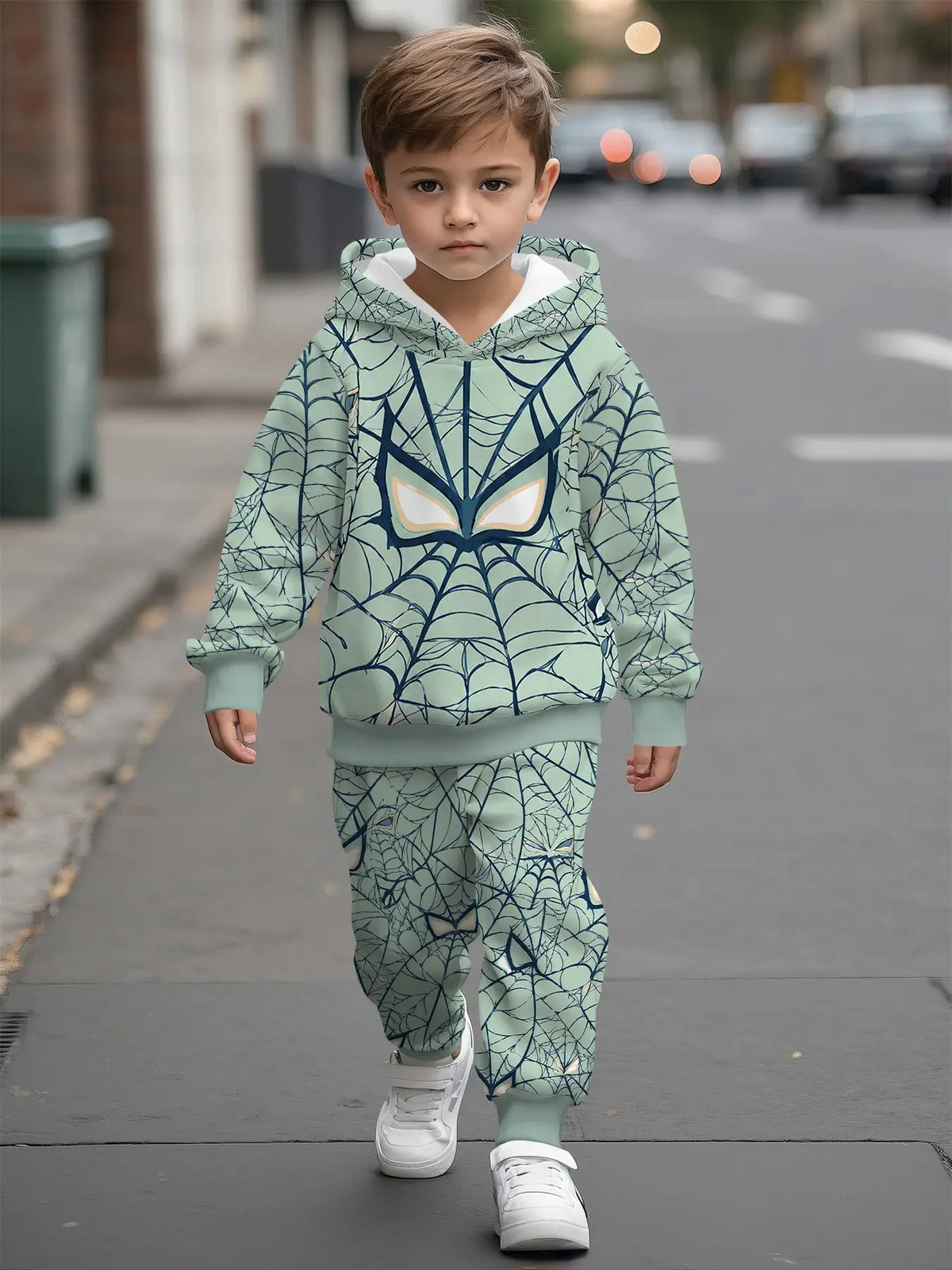 Full-Print Hooded Sweatshirt Matching Set, Spider Web Mask Digital Print, Casual Comfy Daily Outfit, Trendy Versatile Gift for Kids Boys, Graphic Print Set