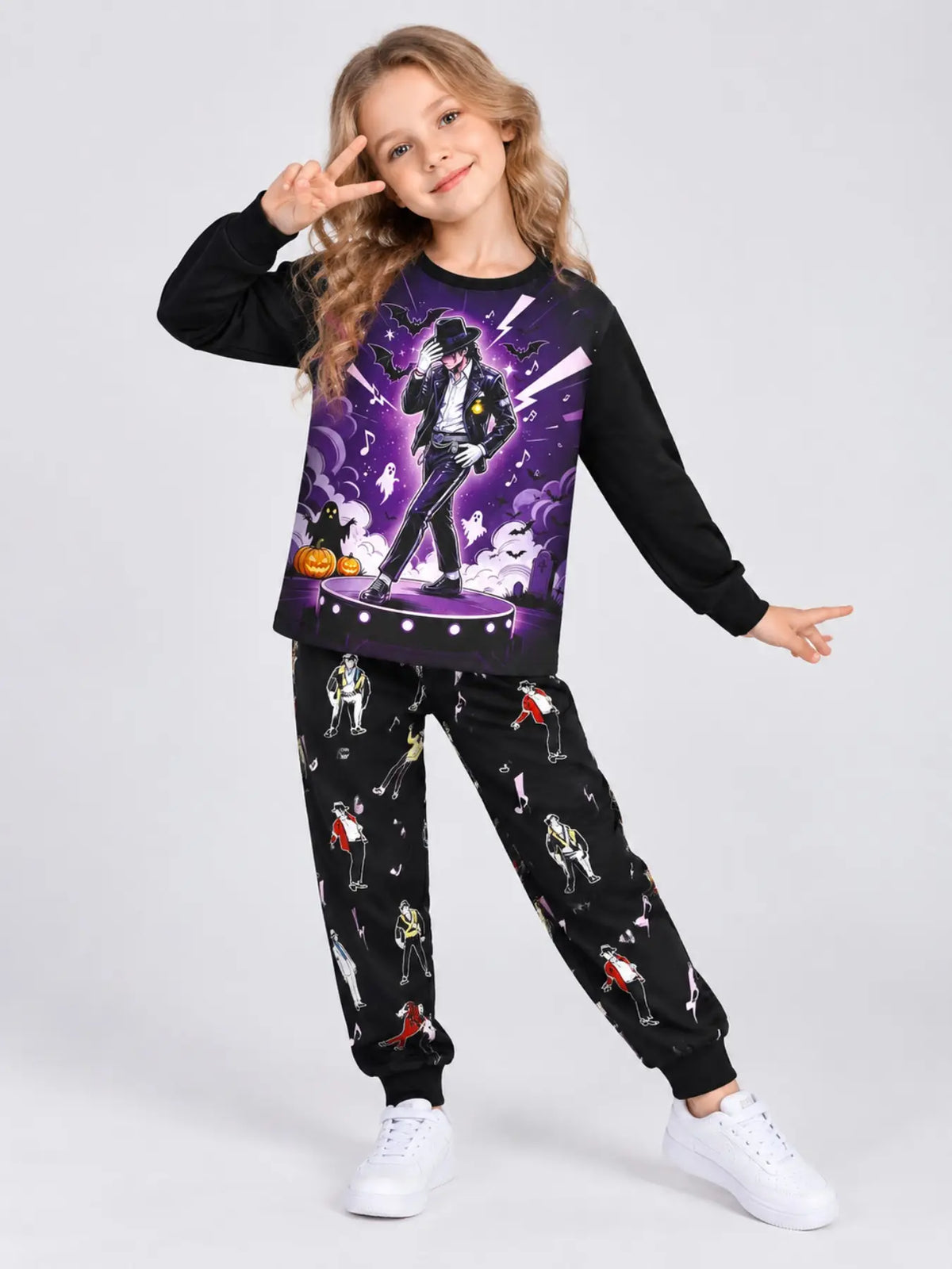 Halloween Kids Print Long Sleeve Pajama Set, Ghost Print Pajamas, Soft Fabric, Fall Winter Sleepwear, Ages 5-14