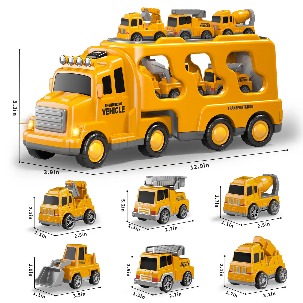 5-In-1 Fire Truck Carrier Toy Set, Large Red Transport Truck with Rear Ramp, Helicopter, Ladder Truck, Aerial Truck and Mini Fire Vehicle
