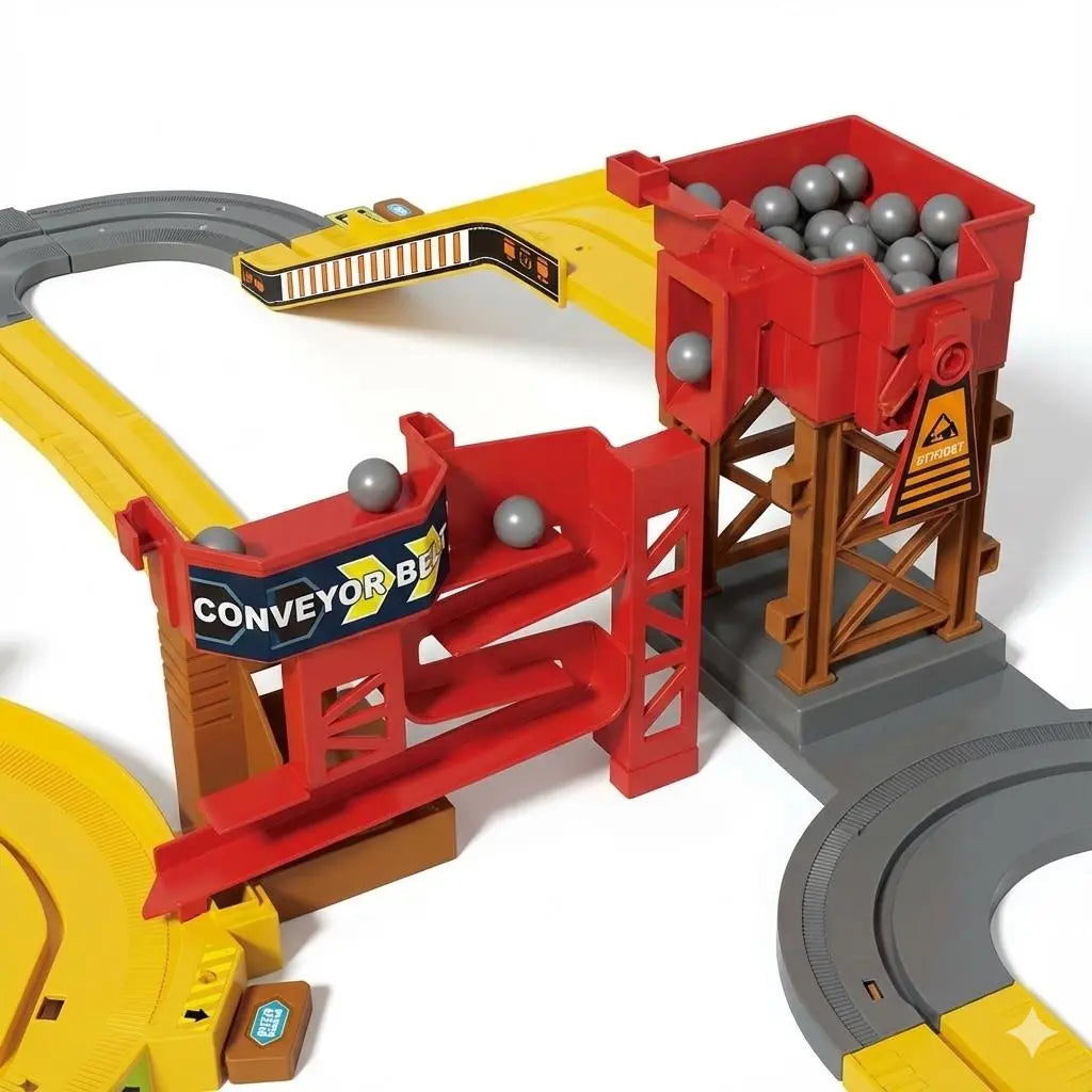 Construction Track Set for Kids, Engineering Truck Track Toy with Dump Truck, Crane, Rock Loading Station, Conveyor Ramp & Construction Site Playset for Boys Girls