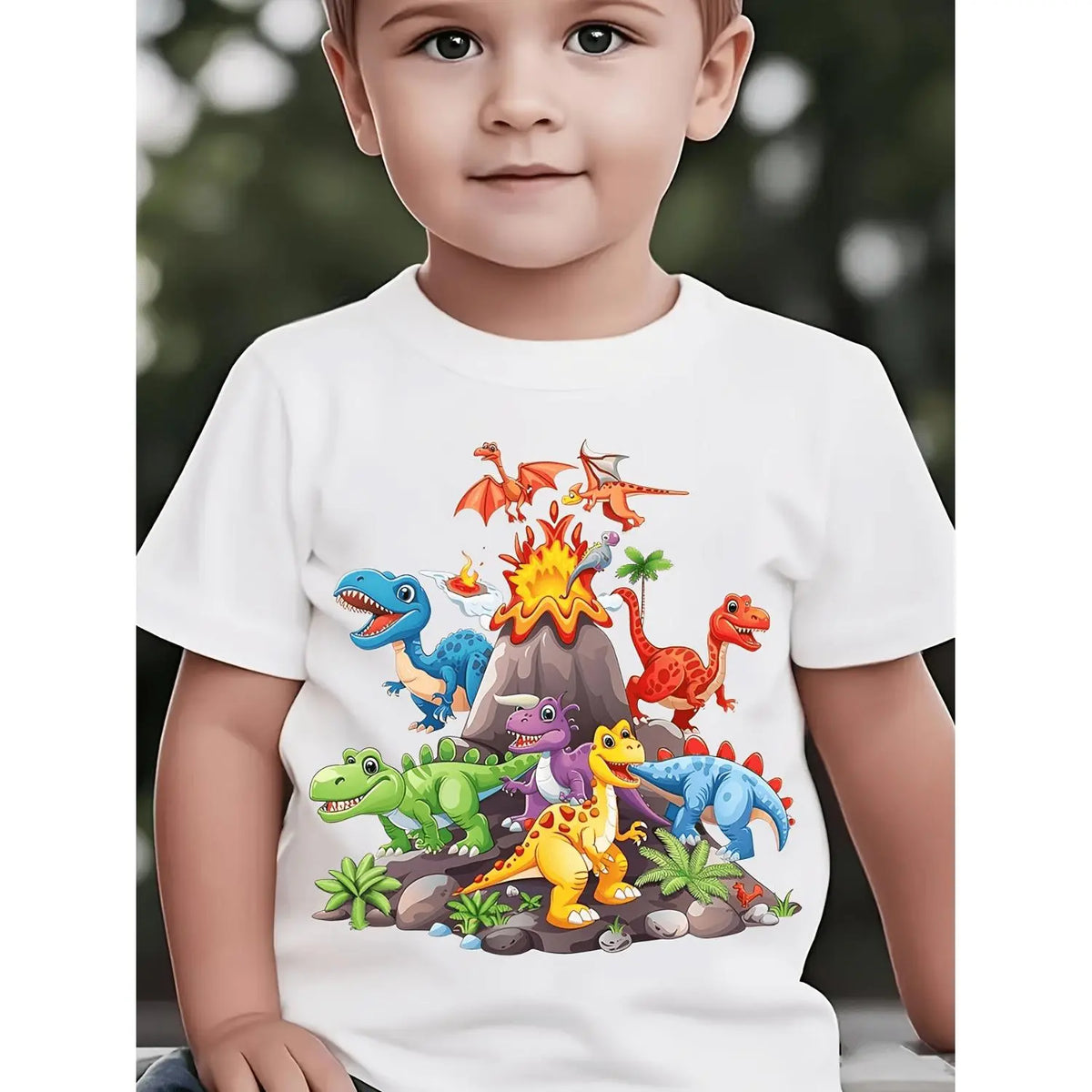 Boys Summer Cotton T-Shirt Featuring Dinosaur Cartoon and Vibrant Scene for Outdoor Casual Play