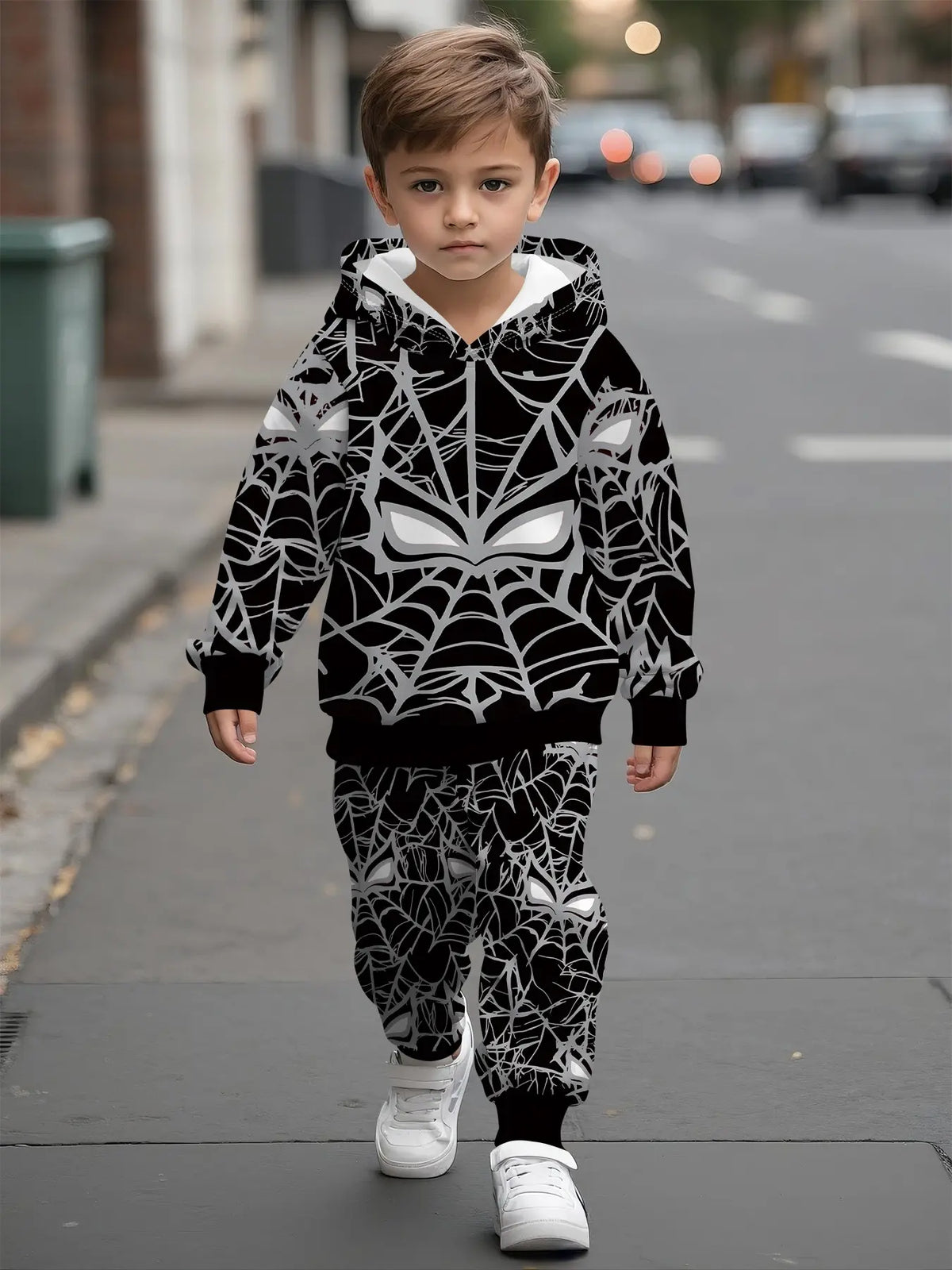 Full-Print Hooded Sweatshirt Matching Set, Spider Web Mask Digital Print, Casual Comfy Daily Outfit, Trendy Versatile Gift for Kids Boys, Graphic Print Set