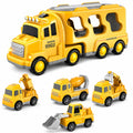 5-In-1 Fire Truck Carrier Toy Set, Large Red Transport Truck with Rear Ramp, Helicopter, Ladder Truck, Aerial Truck and Mini Fire Vehicle