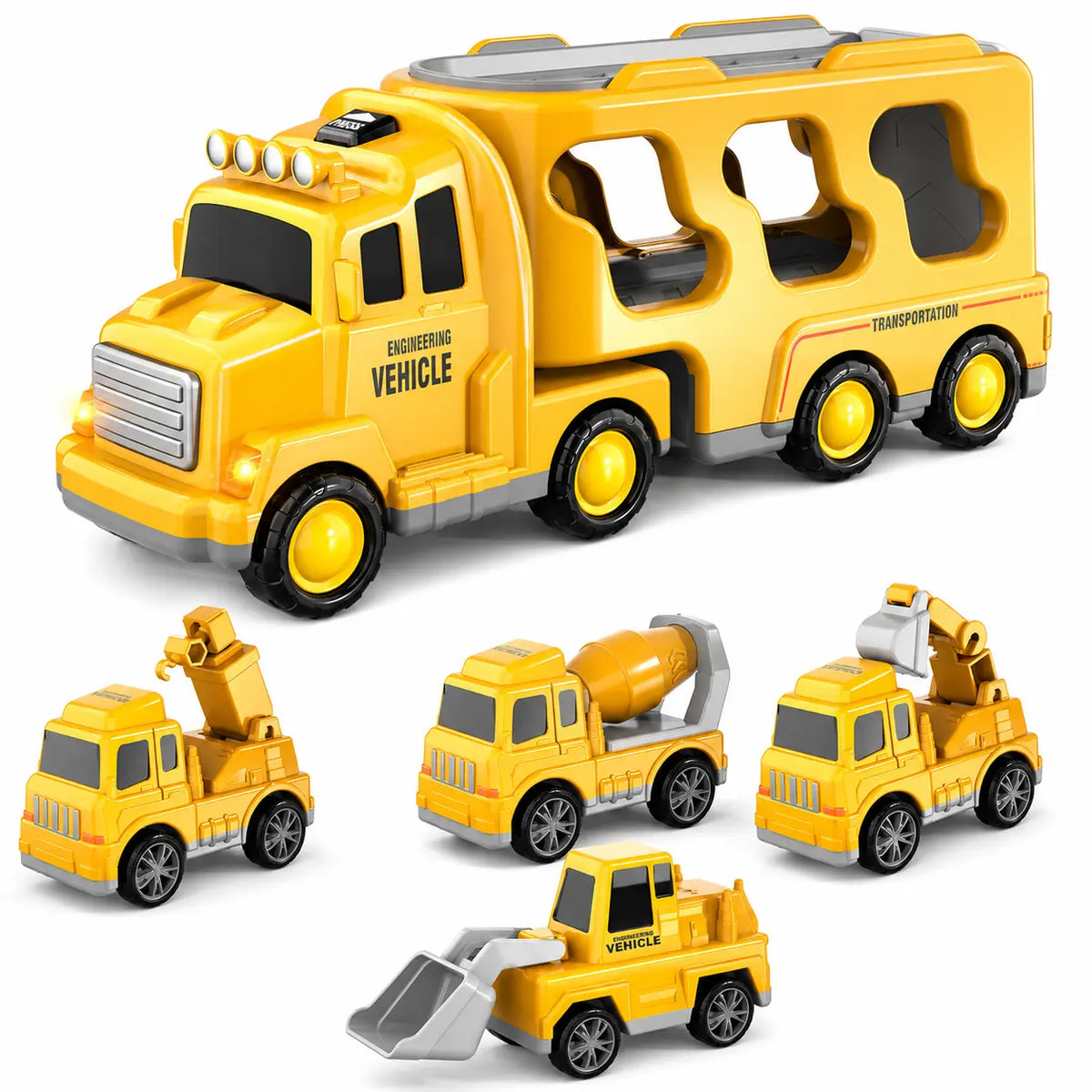 5-In-1 Fire Truck Carrier Toy Set, Large Red Transport Truck with Rear Ramp, Helicopter, Ladder Truck, Aerial Truck and Mini Fire Vehicle