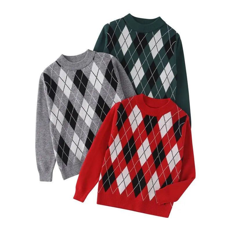 #Sohochic Boys' 3-Piece Classic Crew Neck Long-Sleeve Warm Knitted Top Set - Festive Preppy Diamond-Pattern Autumn Winter Clothing for 3-4 Years Old Kids