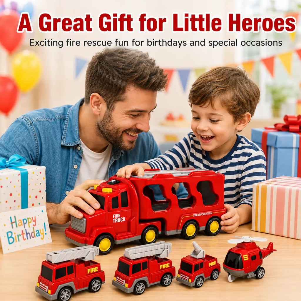 5-In-1 Fire Truck Carrier Toy Set, Large Red Transport Truck with Rear Ramp, Helicopter, Ladder Truck, Aerial Truck and Mini Fire Vehicle