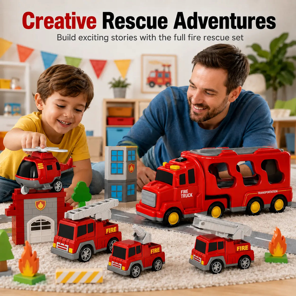 5-In-1 Fire Truck Carrier Toy Set, Large Red Transport Truck with Rear Ramp, Helicopter, Ladder Truck, Aerial Truck and Mini Fire Vehicle