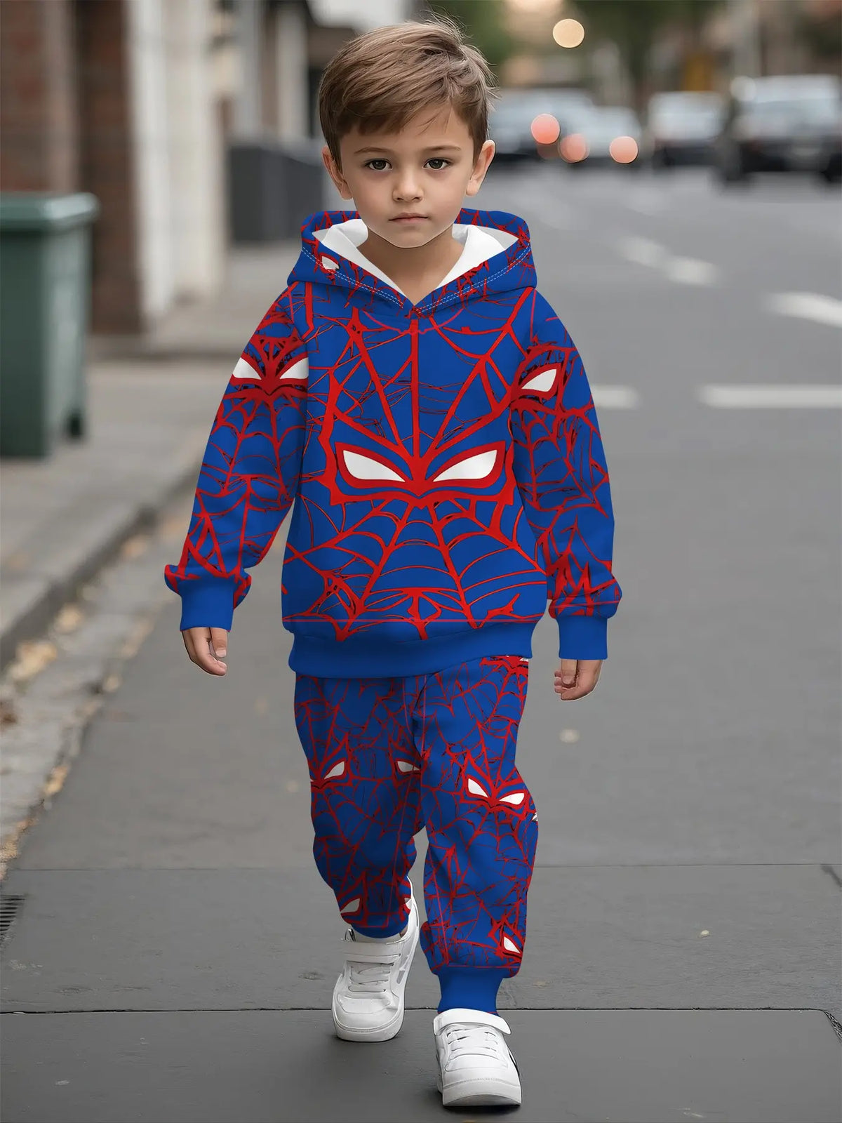 Full-Print Hooded Sweatshirt Matching Set, Spider Web Mask Digital Print, Casual Comfy Daily Outfit, Trendy Versatile Gift for Kids Boys, Graphic Print Set