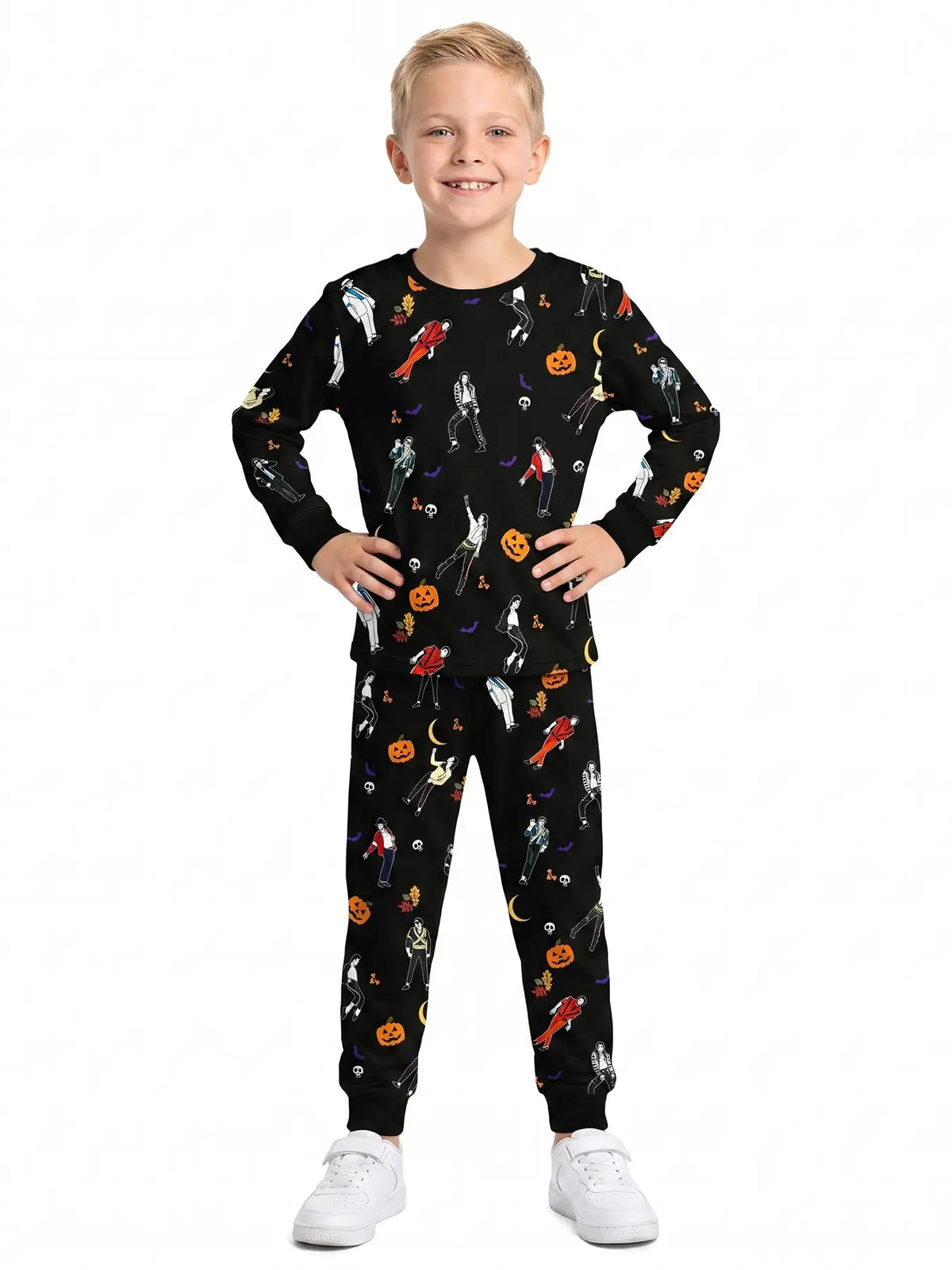 Halloween Kids Print Long Sleeve Pajama Set, Ghost Print Pajamas, Soft Fabric, Fall Winter Sleepwear, Ages 5-14