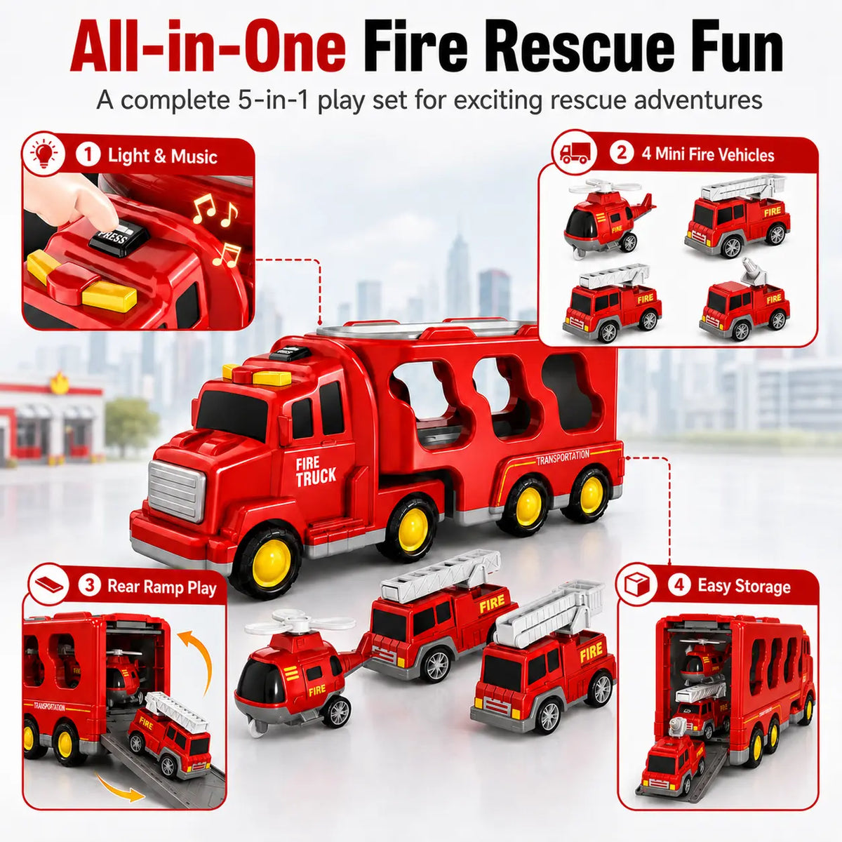 5-In-1 Fire Truck Carrier Toy Set, Large Red Transport Truck with Rear Ramp, Helicopter, Ladder Truck, Aerial Truck and Mini Fire Vehicle