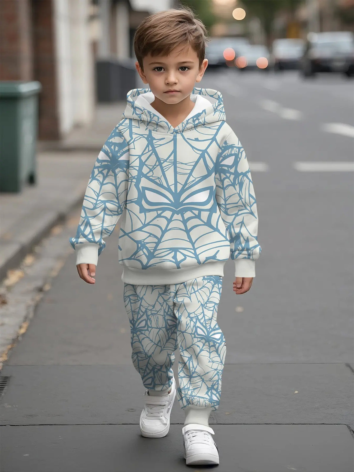 Full-Print Hooded Sweatshirt Matching Set, Spider Web Mask Digital Print, Casual Comfy Daily Outfit, Trendy Versatile Gift for Kids Boys, Graphic Print Set