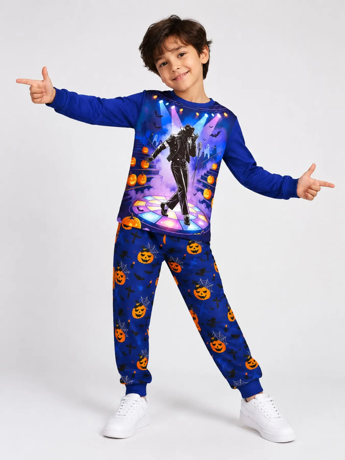 Halloween Kids Print Long Sleeve Pajama Set, Ghost Print Pajamas, Soft Fabric, Fall Winter Sleepwear, Ages 5-14