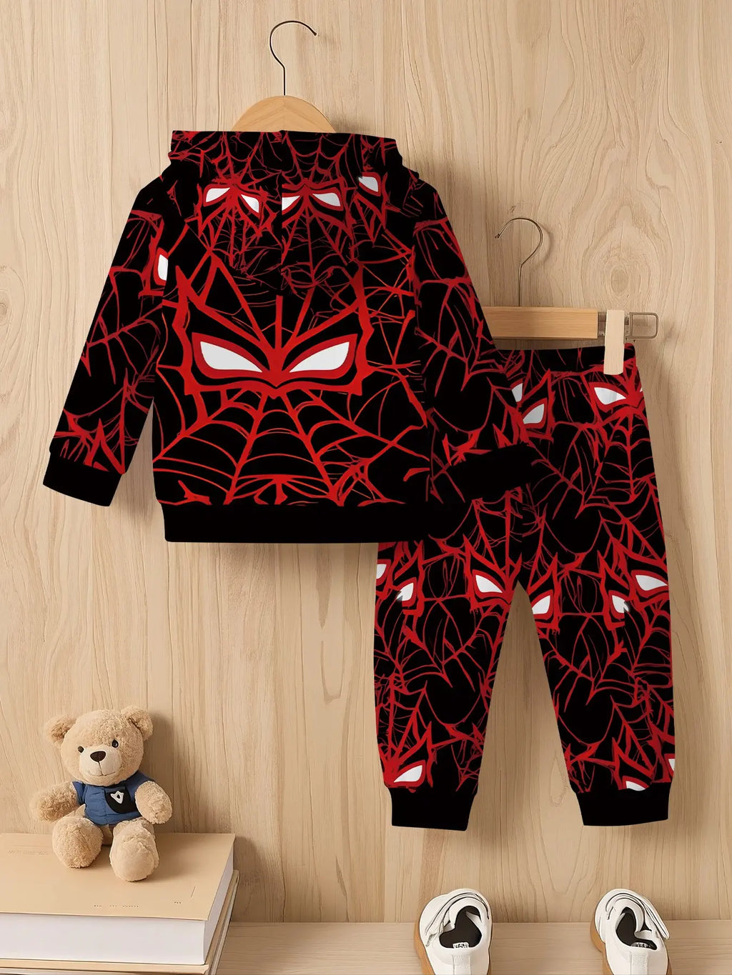 Full-Print Hooded Sweatshirt Matching Set, Spider Web Mask Digital Print, Casual Comfy Daily Outfit, Trendy Versatile Gift for Kids Boys, Graphic Print Set