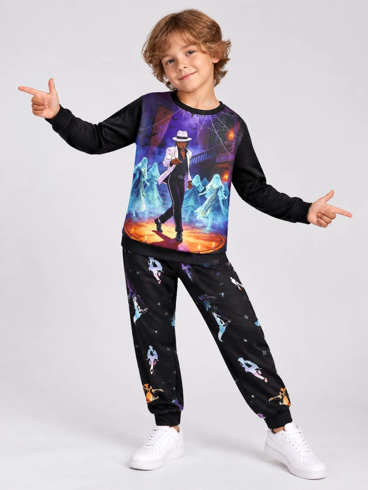 Halloween Kids Print Long Sleeve Pajama Set, Ghost Print Pajamas, Soft Fabric, Fall Winter Sleepwear, Ages 5-14